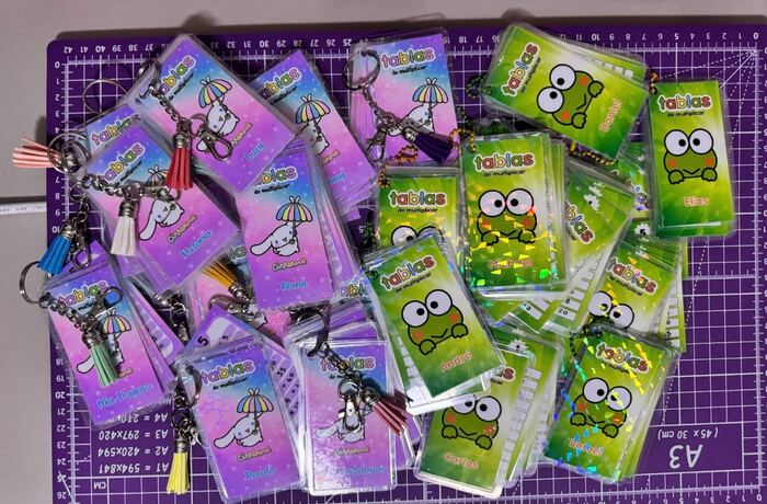 Llaveros de tablas de multiplicar con personajes y nombre